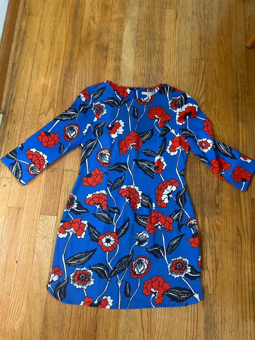 Boden Blue Floral Shift Dress with Red & White Blooms US4/UK8